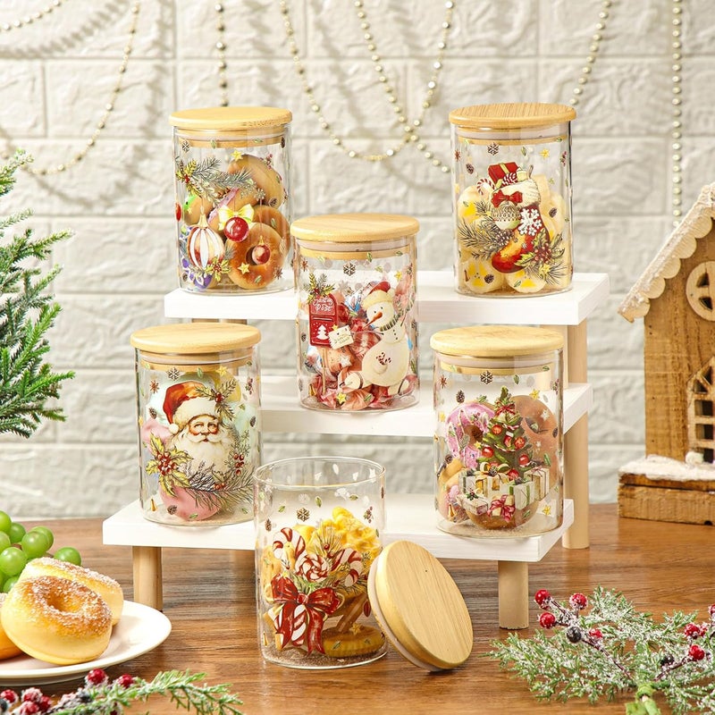 Shellwei 6 Pcs Retro Christmas Glass Storage Jar with Airtight Bamboo Lid Santa Claus Canister Sets Christmas Tree Snowman Cookie Candy Storage 19oz for Kitchen Containers Countertop Decoration - Image 2